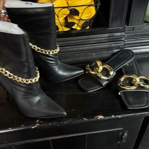 Black Leather Boots with Gold Chain and matching flops for tired feet! Sizes dm